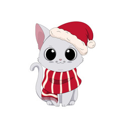 Ręcznie rysowany uroczy mały kotek w czapce Świętego Mikołaja i czerwonym szaliku. Wektorowa ilustracja zadowolonego, siedzącego kota. Słodki zwierzak gotowy na Święta Bożego Narodzenia i Nowy Rok.