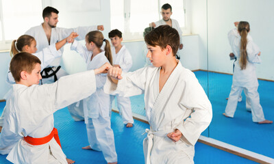 Fototapeta na wymiar Diligent teenagers practicing new karate moves in pairs in class