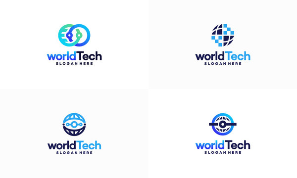 Set of Modern World Tech logo designs concept vector illustration, Abstract Circle Technology logo template, Wire Tech logo designs vector