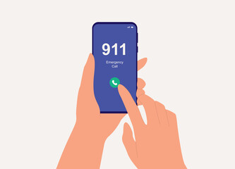 Close-Up View Of A Person's Hand With Mobile Phone Calling 911.