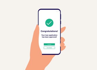 Close-Up View Of Customer's Hand With Mobile Phone Receiving Loan Application Approval.