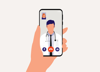 Close-Up View Of A Patient's Hand With Mobile Phone Making Video Call With Male Doctor. Telemedicine. Telehealth. - obrazy, fototapety, plakaty