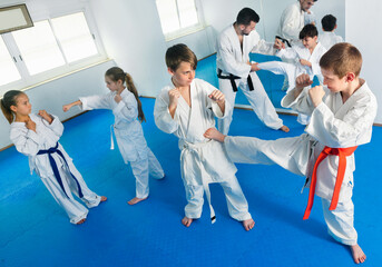 Fototapeta na wymiar Young positive teenagers practicing new karate moves in pairs in class
