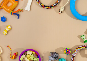 Different multicolored pet care accessories: bowl, bones, balls, snacks, mouse on beige background. Rubber and textile accessories for dogs and cats. Top view, flat lay.