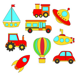 Big toy transport set. transportation means in flat style for children. Vector illustration. Baby bright cartoon carrier collection isolated on white background