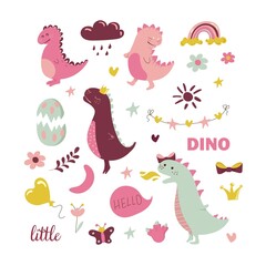 Fototapeta na wymiar Set of funny dinosaurs. Pink dinosaur. Vector illustration