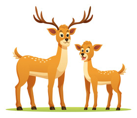 Deer with cute fawn cartoon illustration