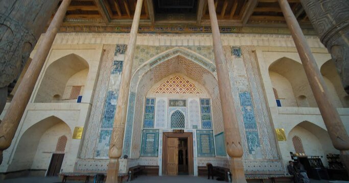Bukhara Uzbekistan Bolo Hauz Mosque built in 1718 and small minaret. Lovely wood cravings 4 of 10