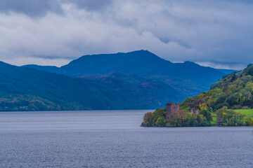 Loch Ness cold gray waters, Scotland, United Kingdom, UK Mist, Rain, Storm
