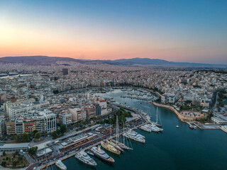 Aerial panorama view over Marina Zeas, Peiraeus, Greece at sunset