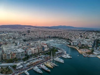 Poster Aerial panorama view over Marina Zeas, Peiraeus, Greece at sunset © panosk18