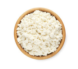 Delicious fresh cottage cheese in bowl isolated on white, top view