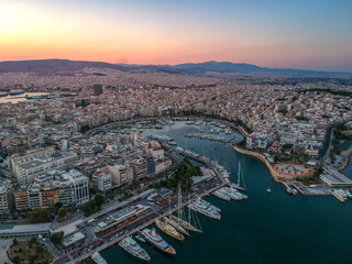 Aerial panorama view over Marina Zeas, Peiraeus, Greece at sunset