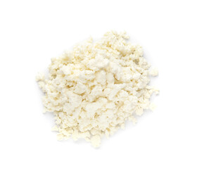 Pile of delicious fresh cottage cheese on white background, top view