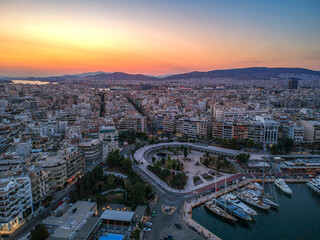 Aerial panorama view over Marina Zeas, Peiraeus, Greece at sunset