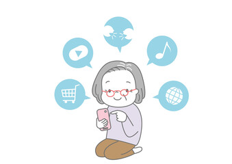 スマートフォンの色々な機能を使いこなしているおばあさん