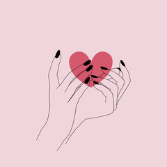 Serce na dłoni. Kobiece dłonie trzymające czerwone serce. Koncept miłości, przyjaźni, dobroci, dobroczynności, darowizny. Minimalistyczny design na walentynki, kartki okolicznościowe, wesele. - obrazy, fototapety, plakaty