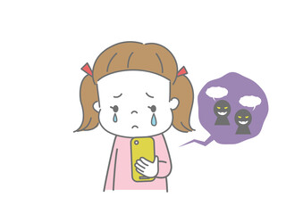 スマートフォンを見て泣いている女の子 ネットいじめ