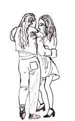 Couple of latino dancers monochrome ink drawing