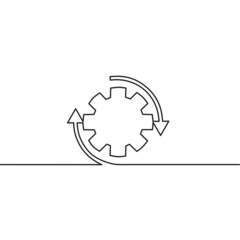 Continuous line drawing of gear with arrow, object one line, single line art, technology business, vector illustration