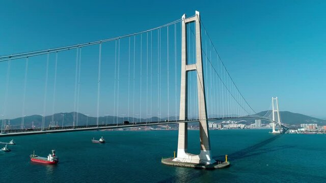 Aerial view of the Yi Sunsin bridge in Gwangyang. Drone. Korea. 광양 이순신 대교.	
