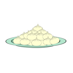 An outline jpeg illustration of khinkali on the plate isolated on transparent background. Designed in beige and light green colors for web concepts, wraps, templates, prints
