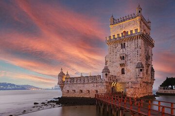 Belem tower, famous tourist attraction in Lisbon at night, Portugal