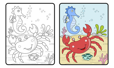 crab and seahorses coloring book or page, education for children