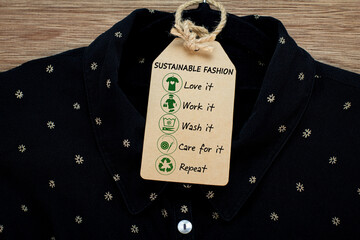 sustainable fashion icon on shirt label with wear it, work it, love it, wash it, care for it,...