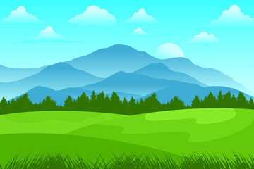 Beautiful meadow view. Beautiful sunset with mountains and green pine trees