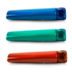 Colored Plastic Bottle with Shampoo or hygienic cosmetic product isolated on white background