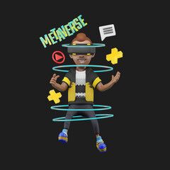 Character with metaverse icons. 3d illustration