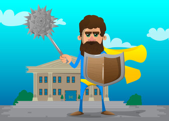 Funny cartoon man dressed as a superhero holding a spiked mace and shield. Vector illustration.
