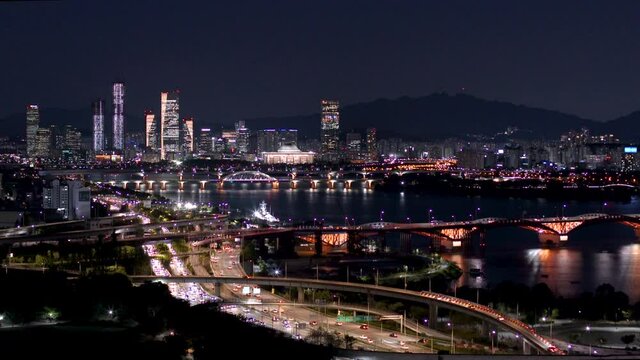Aerial view of traffic line at seoul city, night view, South Korea. 여의도가 보이는 서울의 야경.