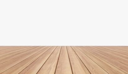 Empty table in room with white wall and wood slats on brown floor, 3d illustration background texture. Board