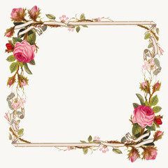 Vintage pink roses vector border frame illustration, remix from artworks by L. Prang & Co.