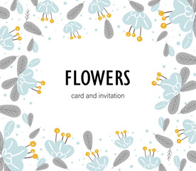 Illustration card cute blue flowers fuchsia for design, sticker, print, invitation