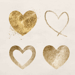 Glittery gold heart icon vector set