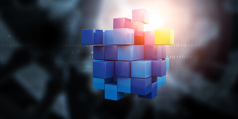 Floating shiny cube network . Mixed media