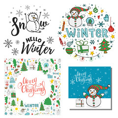 Fototapeta premium A set of 5 hand-drawn illustrations. A set of winter doodle elements with handwritten lettering. Merry Christmas and Happy New Year 2022. Hand-drawn doodle.