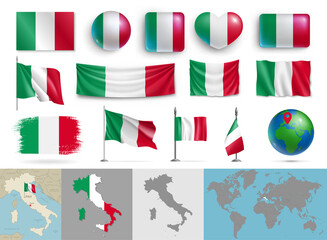Set of Italy flags of various shapes and maps. Realistic waving Italian flag on pole, table flag, glossy buttons and highly detailed map, globe with identification of Italy vector illustration