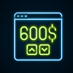 Glowing neon line Monitor with dollar icon isolated on black background. Sending money around the world, money transfer, online banking, financial transaction. Colorful outline concept. Vector