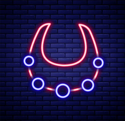 Glowing neon line Necklace icon isolated on brick wall background. Colorful outline concept. Vector
