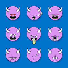 Funky horned monster emoji sticker set vector