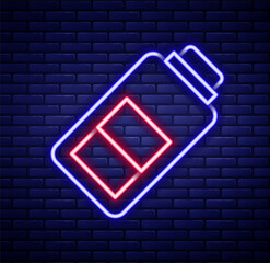 Glowing neon line Battery charge level indicator icon isolated on brick wall background. Colorful outline concept. Vector
