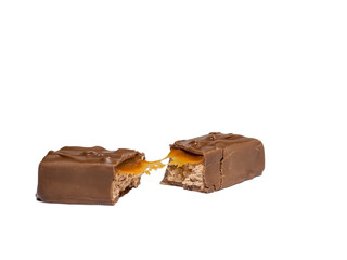 Broken chocolate bar on a white background.