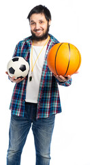 cheerleader, man, fan holding a basketball and soccer ball. isolated, white background.