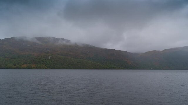 Time Lapse Loch Ness cold gray waters, Scotland, United Kingdom, UK Mist, Rain, Storm
