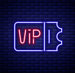 Obraz premium Glowing neon line Train ticket icon isolated on brick wall background. Travel by railway. Colorful outline concept. Vector