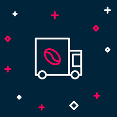 Line Coffee street truck machine icon isolated on blue background. Delivery coffee. Colorful outline concept. Vector